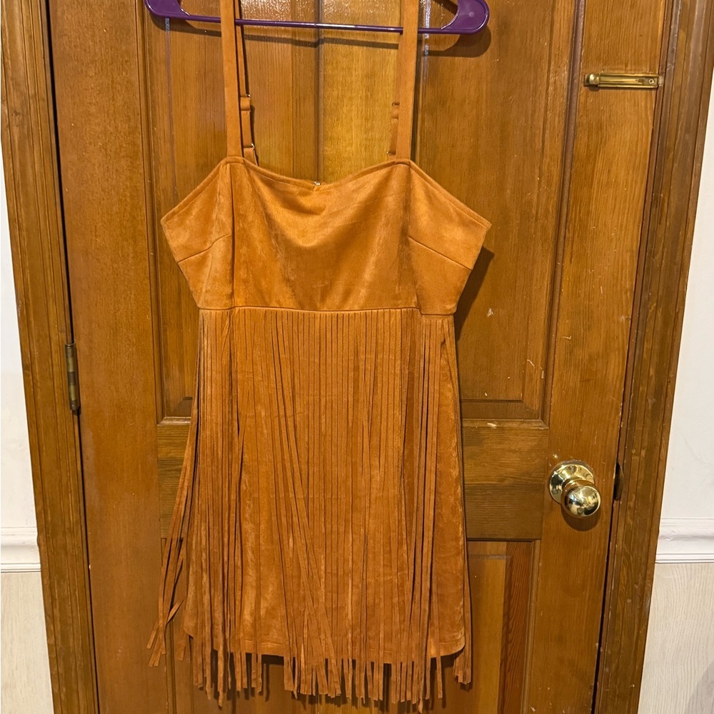 Chic Strapless Tan Fringe Dress
